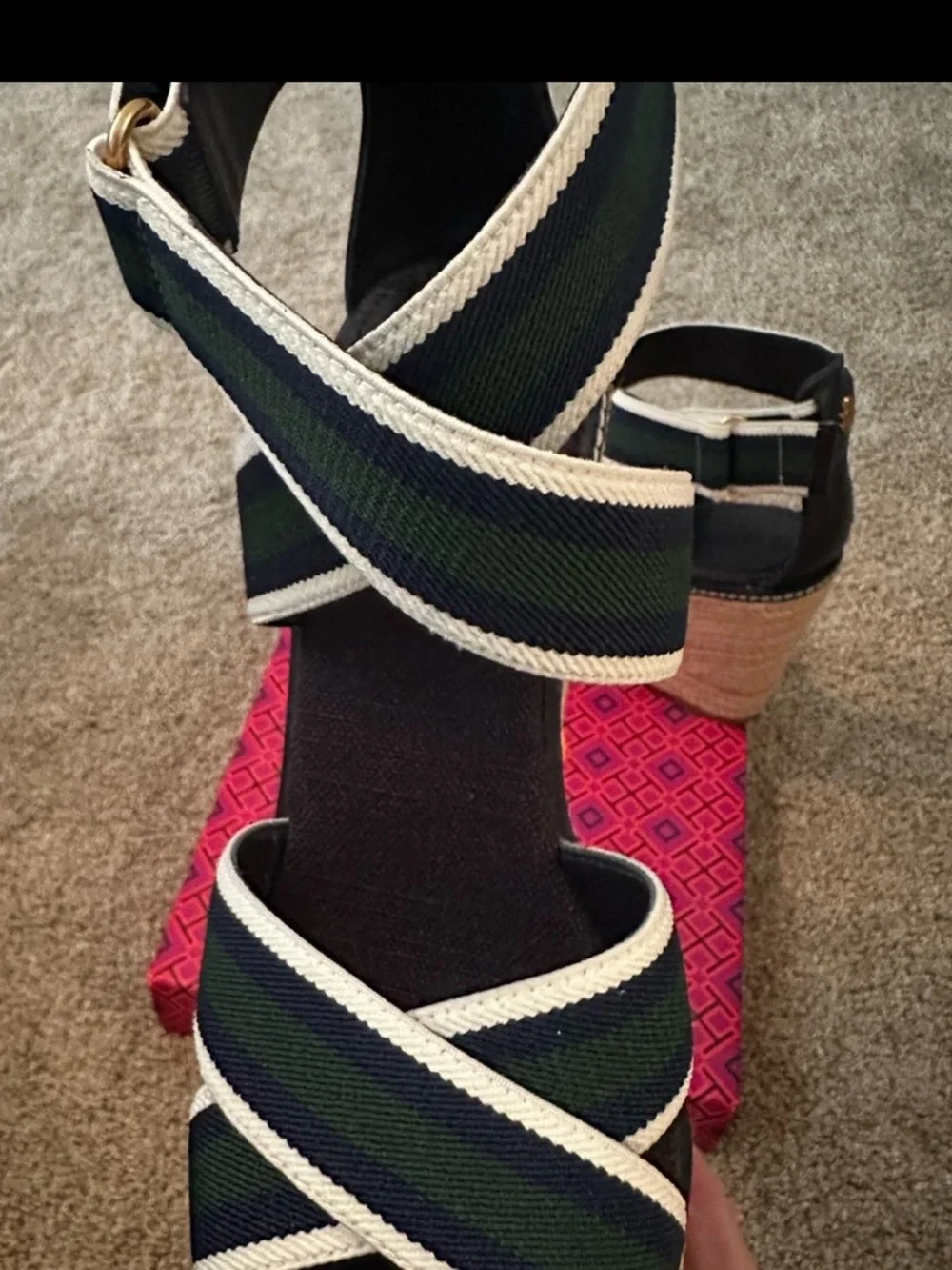Tory Burch Black and Cream Espadrille Wedge Sandals